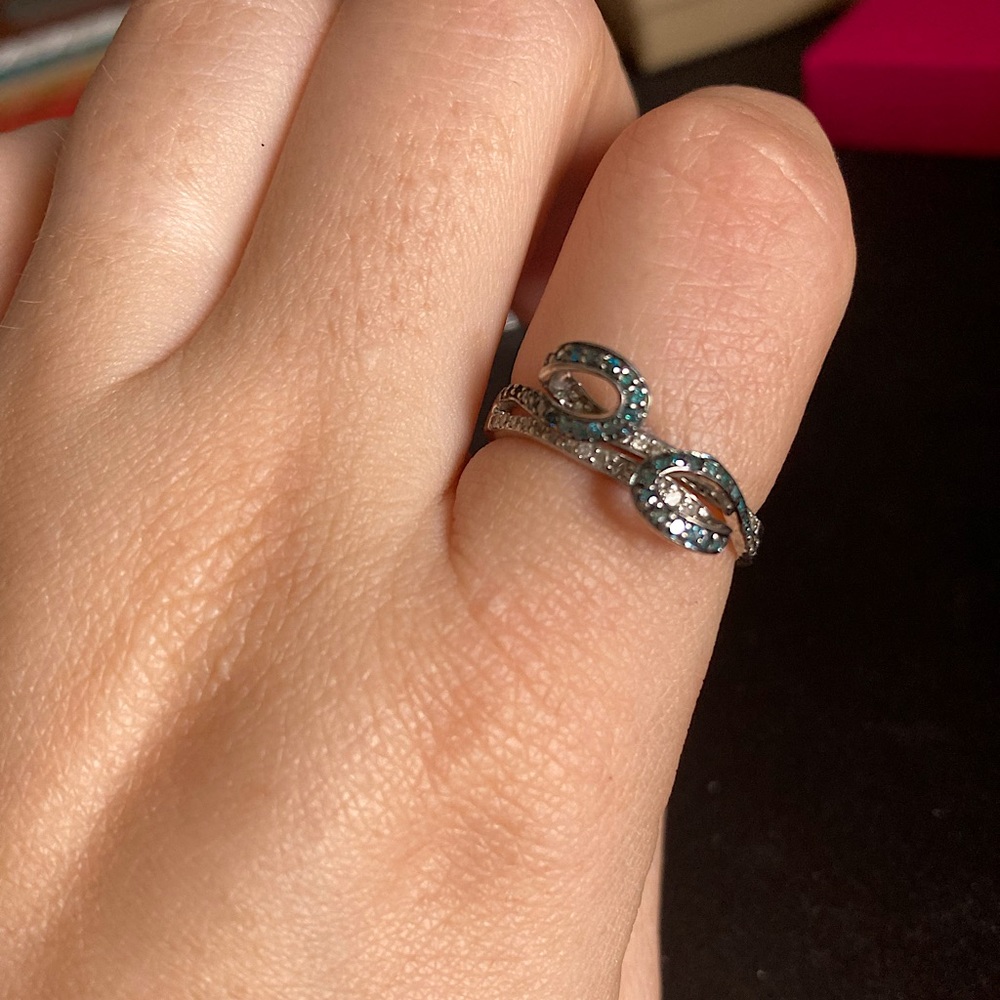 Black, blue & White Crossover/ Bypass Ring Size 7
